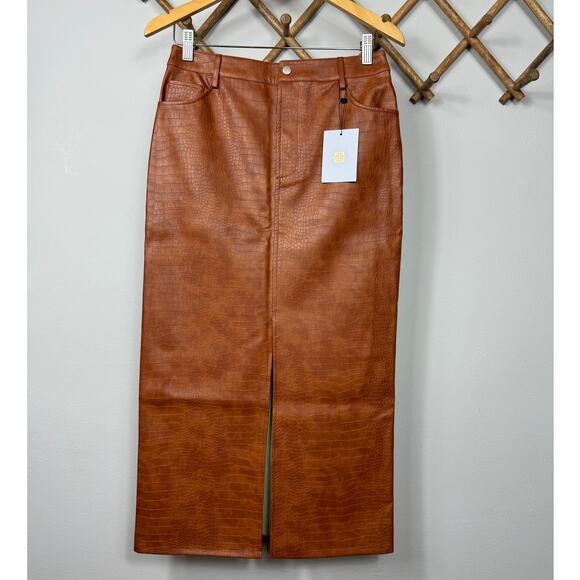 New WAYF Roberta Croc Embossed Midi Skirt in Brown Faux Leather Size L - Picture 4 of 13